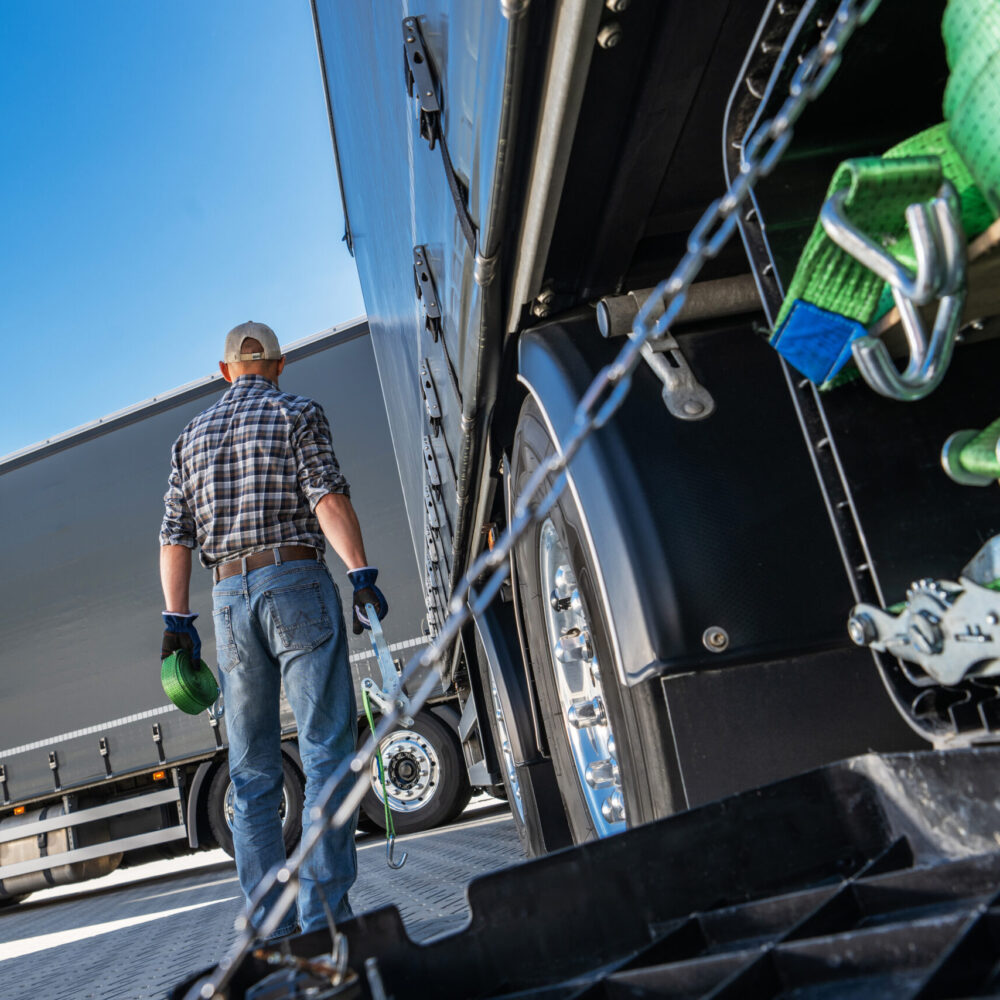 Truck driver performing maintenance on the rear of a truck.