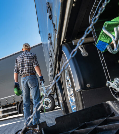 Truck driver performing maintenance on the rear of a truck.