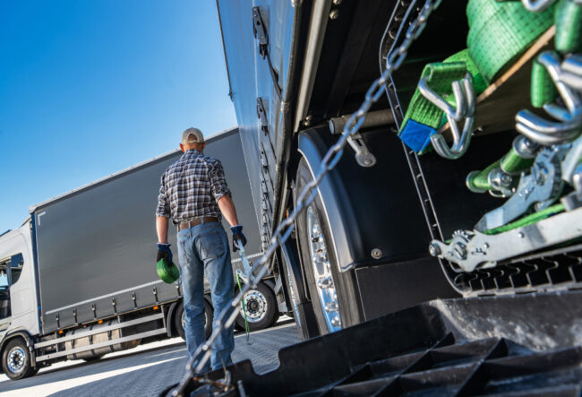 Truck driver performing maintenance on the rear of a truck.